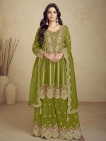 Olive Green Real Chinon Party Wear Sharara Suit